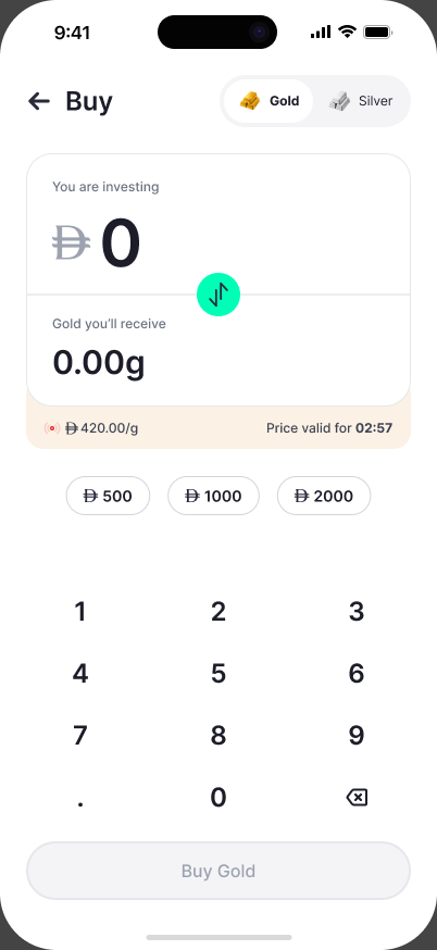 The buy screen with a number pad and live gold price