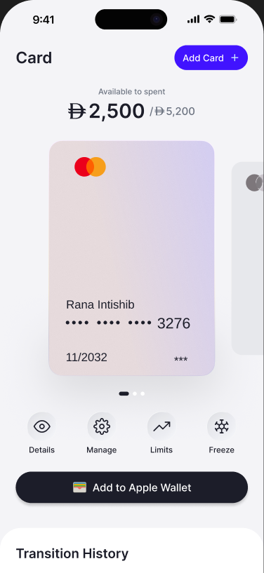 The Lumos card screen, showing the card and recent purchases