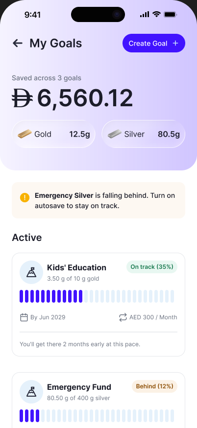 The goals screen showing savings goals and progress